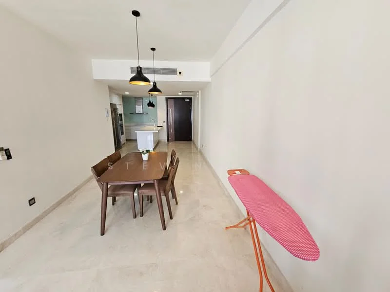 Dining features: 4-seater wooden dining table, brown wooden chairs, pendant lighting fixtures, marble flooring, white painted walls, iron board, open layout to kitchen, air conditioning unit; style: modern. Kitchen features: kitchen island, white cabinetry, stainless-steel appliances, open-plan layout; style: modern.