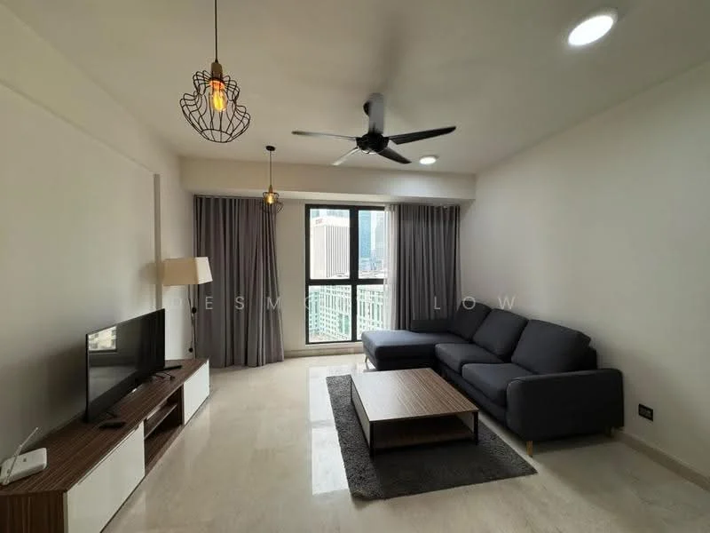 Living features: 3-seater fabric sofa in dark grey, coffee table with wooden top, wall-mounted TV, TV console with storage, floor-to-ceiling windows, curtains in light grey, ceiling fan with light, recessed downlights, marble tile flooring, decorative pendant light, neutral painted walls; style: modern; view: city.