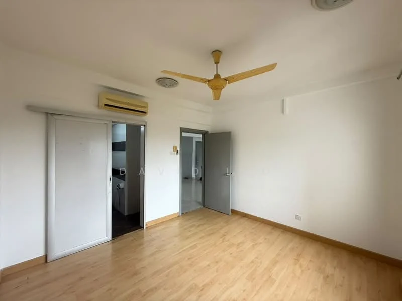 Room features: light wood laminate flooring, white painted walls, ceiling fan with light, wall-mounted air conditioning unit, sliding door, grey door, window with no visible treatment; style: minimalist.
