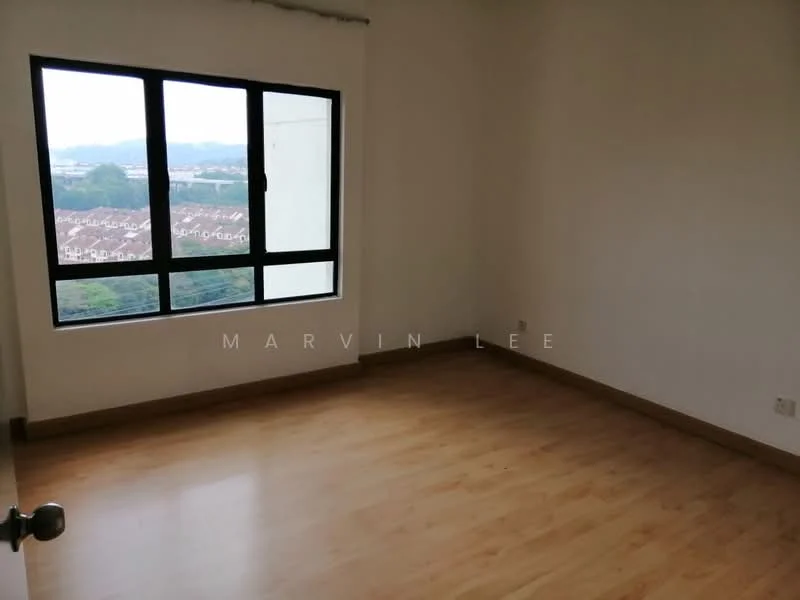 Room features: light wood laminate flooring, white painted walls, large window with black frame, city view, no visible furniture, neutral decor, single light fixture on ceiling, baseboard trim; style: modern; view: city.