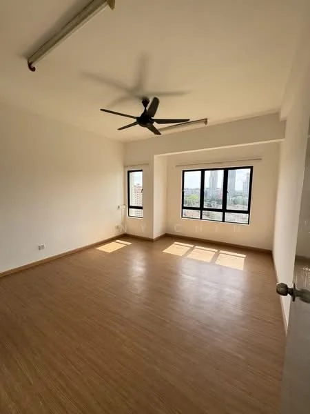Room features: light wood laminate flooring, white painted walls, 5-blade ceiling fan, floor-to-ceiling windows, window with city view, natural light from windows, light switch on wall, no visible furniture; style: modern; view: city.