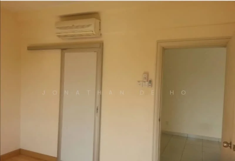 Room features: cream painted walls, wooden flooring, 1 wall-mounted split AC, sliding door, doorway leading to another room.