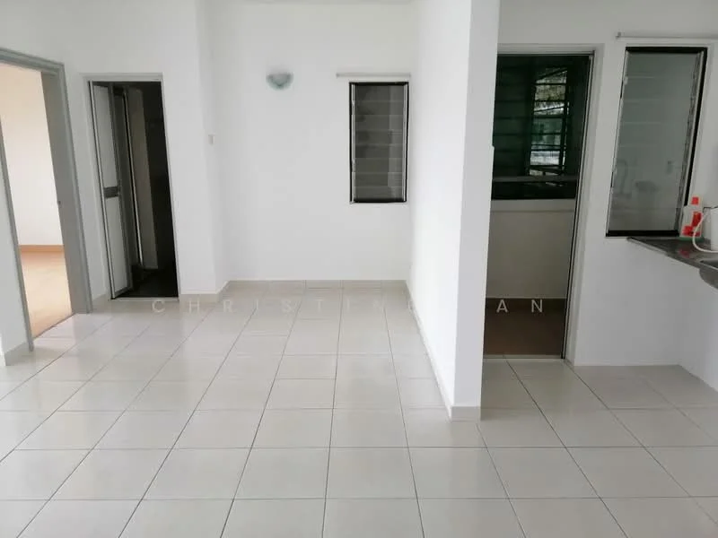 Room features: white painted walls, tile flooring, large windows, sliding glass door, window with grille, kitchen countertop, sink, open layout, natural light; style: modern.