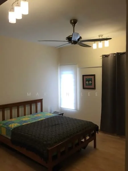Bedroom features: queen-size bed, upholstered headboard, bedside table, 3-blade ceiling fan, recessed downlights, curtains, wooden flooring, decorative artwork.