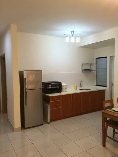 Kitchen features: stainless-steel fridge, built-in microwave, single-bowl stainless-steel sink, chrome pull-down faucet, laminate countertop, wood cabinetry, ceramic tile flooring, 3-blade ceiling fan, recessed downlights, window with sliding glass, dining table with chairs; style: modern.