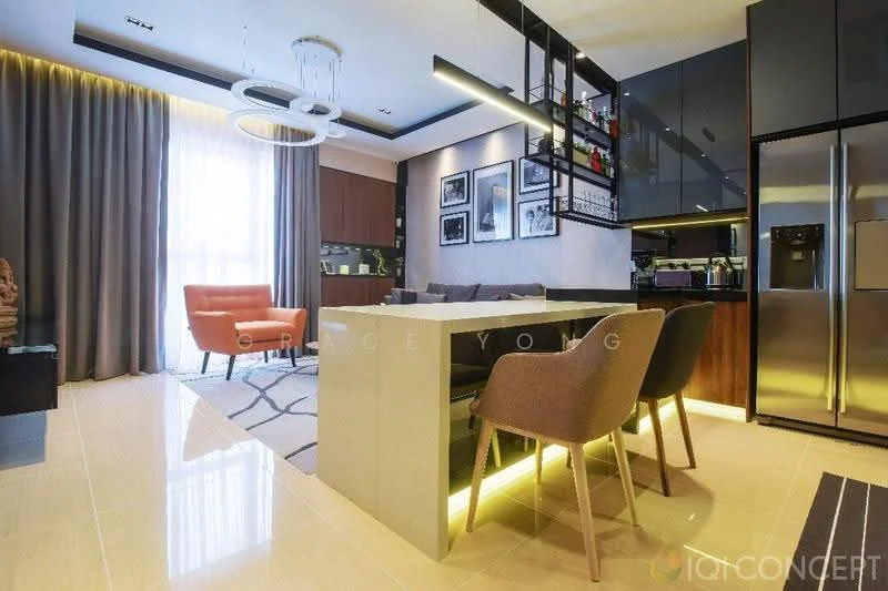 Dining features: rectangular dining table with integrated lighting, 4 upholstered dining chairs in beige, pendant lighting above the table, grey area rug with geometric pattern, floor-to-ceiling windows with sheer curtains, wood cabinetry with glass display shelves, black countertop, stainless-steel refrigerator, built-in kitchen appliances, wall-mounted artwork, dark wood paneling, cream painted walls, recessed ceiling lights; style: modern; view: city.
