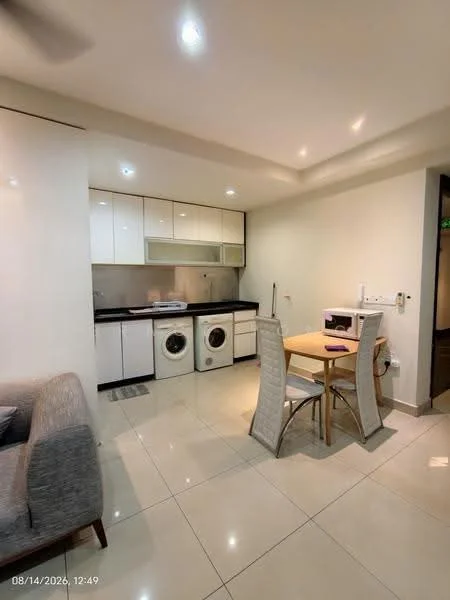 Kitchen features: white cabinetry, black countertop, built-in washing machine, built-in dryer, microwave, ceramic tile flooring, recessed downlights, dining table with two chairs, 5-blade ceiling fan, open shelving, stainless-steel sink, chrome faucet; style: modern.