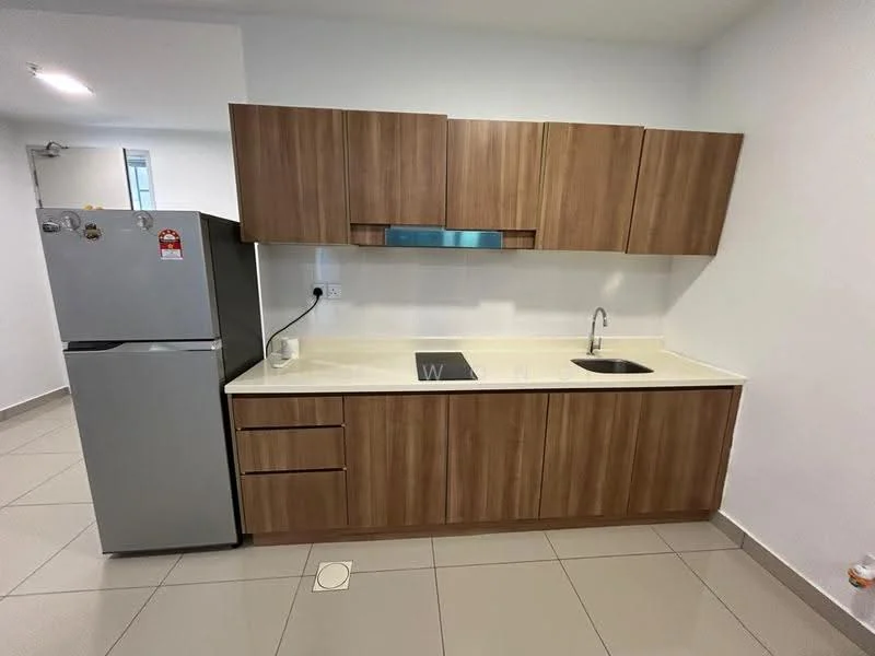 Kitchen features: stainless-steel fridge, single-bowl stainless-steel sink, chrome pull-down faucet, laminate countertop in cream, wood cabinetry with brown finish, built-in cooktop, tile backsplash, grey tile flooring, wall-mounted cabinet, under-cabinet lighting; style: modern.