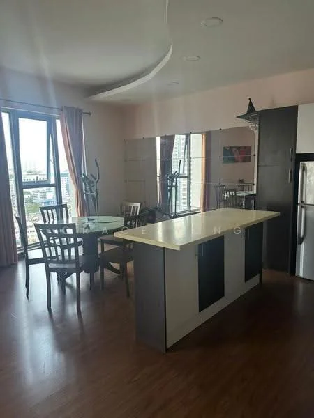 Dining features: wooden dining table, 4 dining chairs, kitchen island with countertop, stainless-steel fridge, floor-to-ceiling windows, curtains, laminate flooring, mirror wall, recessed ceiling lights; style: modern; view: city.
