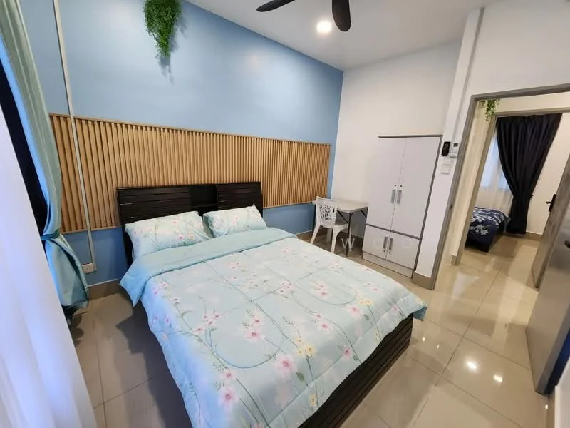 Bedroom features: king-size bed with light blue floral bedding, wooden headboard, white bedside table, desk with white chair, wood panel accent wall, blue painted walls, ceramic tile flooring, ceiling fan, curtains, built-in wardrobe, decorative plant on wall; style: modern.