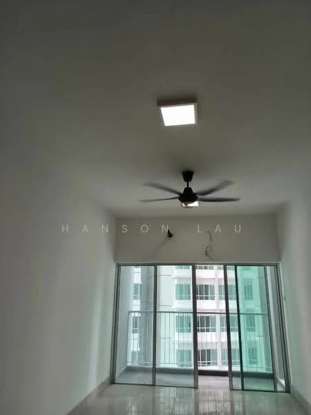 Room features: white painted walls, polished tile flooring, 5-blade ceiling fan, recessed ceiling light, floor-to-ceiling windows, sliding glass door, balcony access; style: modern; view: city.