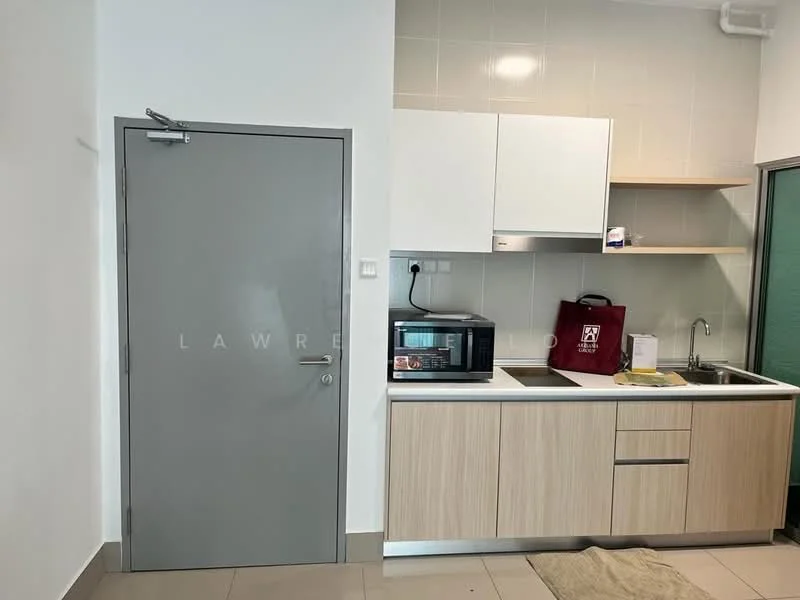 Kitchen features: grey cabinet doors, light wood cabinetry, white countertop, stainless-steel sink, chrome faucet, built-in microwave, kitchen wall tiles in light color, floor tiles in beige, single door, open shelving; style: modern.