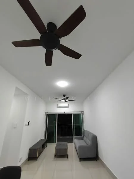 Living features: 5-blade ceiling fan with light, recessed LED downlights, grey fabric sofa, coffee table, wall-mounted TV, floor-to-ceiling windows, sliding glass door, white painted walls, glossy tile flooring, air conditioning unit; style: modern.