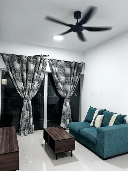 Living features: 3-seater fabric sofa in teal, wooden coffee table, 5-blade ceiling fan with light, floor-to-ceiling sliding glass doors, sheer curtains with palm leaf pattern, white painted walls, glossy tile flooring, decorative cushions in cream and dark teal; style: modern.