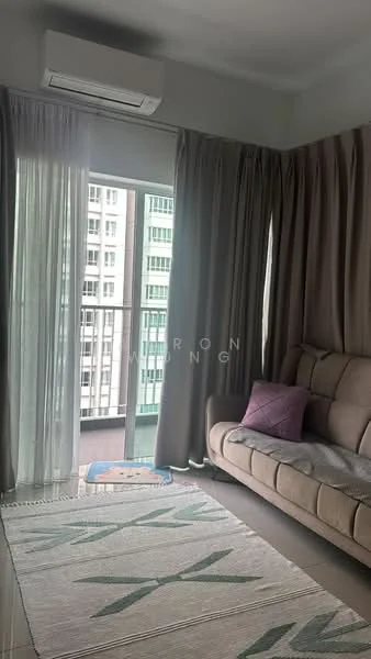 Living features: 3-seater fabric sofa in beige, area rug with geometric pattern, floor-to-ceiling windows, sheer curtains, dark grey curtains, wall-mounted split AC, decorative cushion, balcony door, light grey walls, laminate flooring; style: modern; view: city.