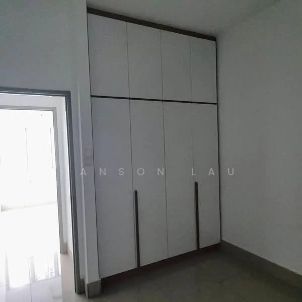 Room features: white cabinetry, built-in wardrobe, minimalist design, sliding doors, neutral wall colour, glossy floor tiles, natural light from window, corner placement; style: modern.