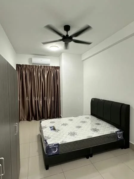 Bedroom features: queen-size bed, upholstered headboard, 2 bedside lamps, built-in wardrobe, wall-mounted split AC, 5-blade ceiling fan, cream painted walls, glossy tile flooring, floor-to-ceiling curtains, decorative mirror; style: modern.