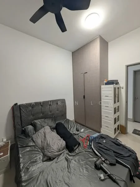 Bedroom features: grey upholstered bed, black bedding, white painted walls, ceiling fan, built-in wardrobe with grey finish, white dresser, flooring not visible, decorative items on dresser; style: modern.