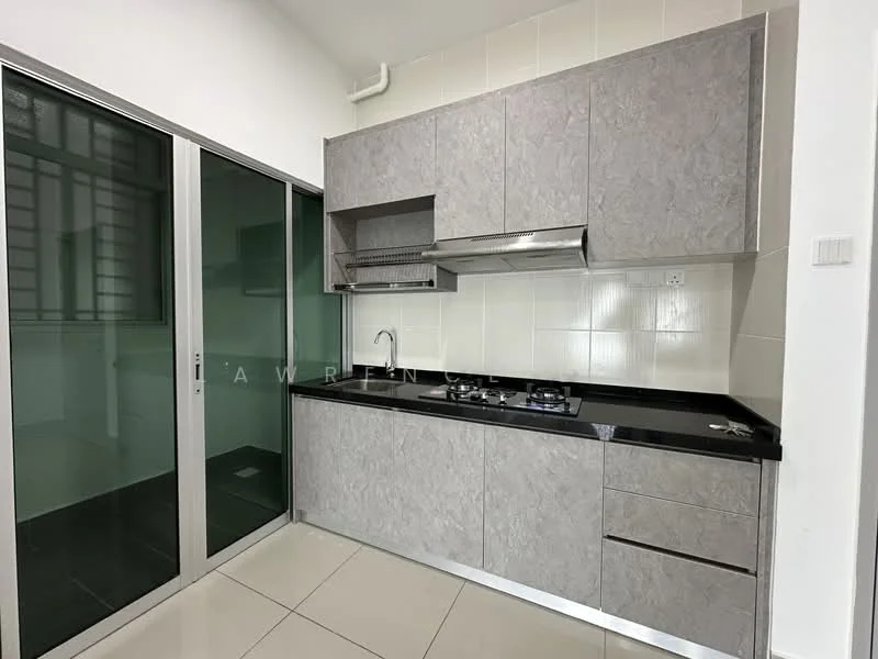 Kitchen features: grey laminate cabinetry, black granite countertop, stainless-steel sink, chrome pull-down faucet, 4-burner gas hob, built-in range hood, white tiled backsplash, ceramic tile flooring, sliding glass door, wall-mounted shelves; style: modern.