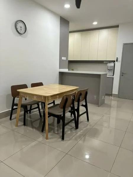 Dining features: wooden dining table, 4 dining chairs, grey accent wall, white painted walls, recessed downlights, ceramic tile flooring, kitchen countertop, built-in kitchen cabinets, clock on wall, open layout to kitchen; style: modern.