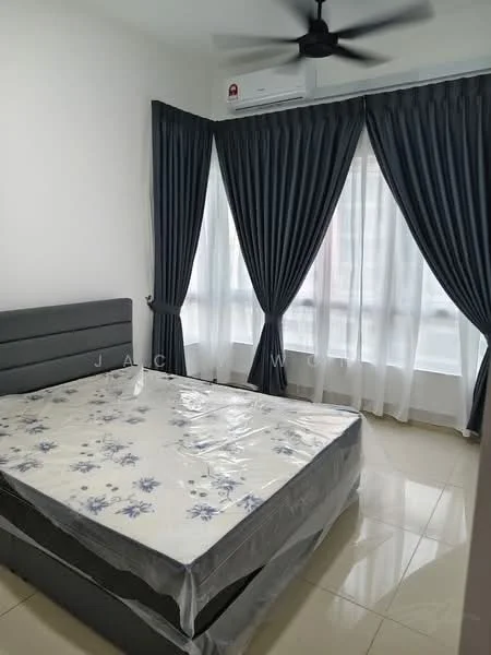 Bedroom features: queen-size bed, upholstered headboard, floor-to-ceiling windows, sheer curtains, blackout curtains, 5-blade ceiling fan, cream painted walls, glossy tile flooring, decorative wall, air conditioning unit; style: modern.