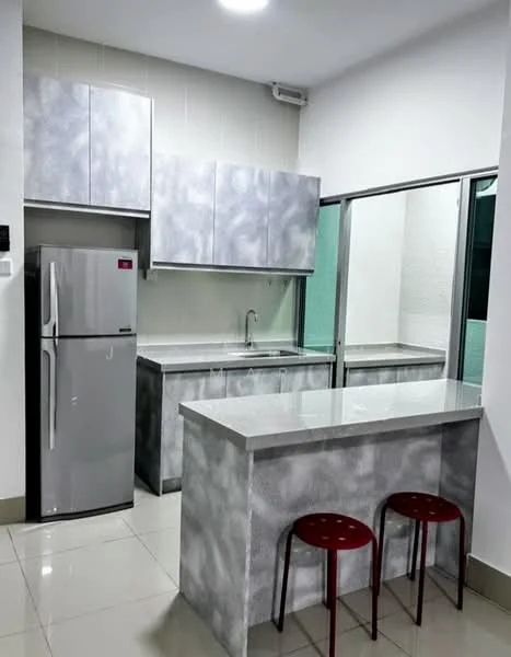 Kitchen features: grey laminate cabinetry, stainless-steel fridge, single-bowl stainless-steel sink, chrome pull-down faucet, grey quartz countertop, backlit wall, open shelving, two red bar stools, ceramic tile flooring, recessed downlights, floor-to-ceiling glass door; style: modern.