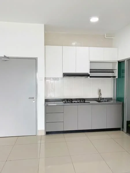 Kitchen features: white upper cabinets, grey lower cabinets, stainless-steel sink, chrome pull-down faucet, 2-burner gas hob, exhaust hood, white tiled backsplash, light-colored wall tiles, polished ceramic tile flooring, recessed downlights; style: modern.