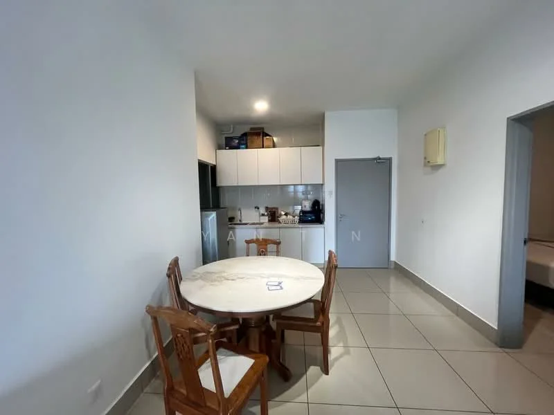 Dining features: round marble dining table, 4 wooden dining chairs, white painted walls, grey tiled flooring, recessed ceiling lights, wall-mounted air conditioning unit, kitchen cabinetry visible in background, stainless-steel fridge visible in background; style: modern.