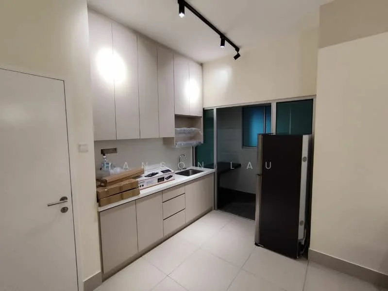 Kitchen features: light grey cabinetry, white countertop, single-bowl stainless-steel sink, chrome pull-down faucet, built-in oven, 4-burner gas hob, exhaust hood, fridge, recessed downlights, tile flooring, white painted walls, sliding glass door; style: modern.