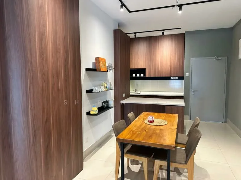 Dining features: wooden dining table, 4 wooden dining chairs, brown wooden cabinetry, white tiled backsplash, grey painted walls, recessed downlights, open shelving, decorative items on shelves, kitchen countertop, stainless-steel sink, built-in kitchen appliances; style: modern.