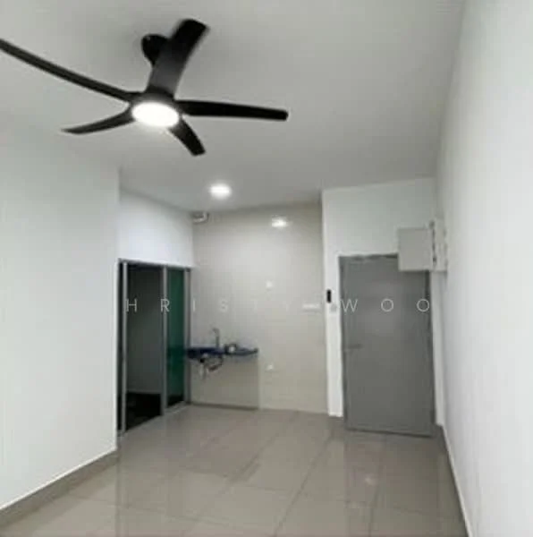 Room features: white painted walls, grey tiled flooring, 5-blade ceiling fan with integrated LED light, recessed downlights, door with handle, kitchenette area with sink, wall-mounted cabinets; style: modern.