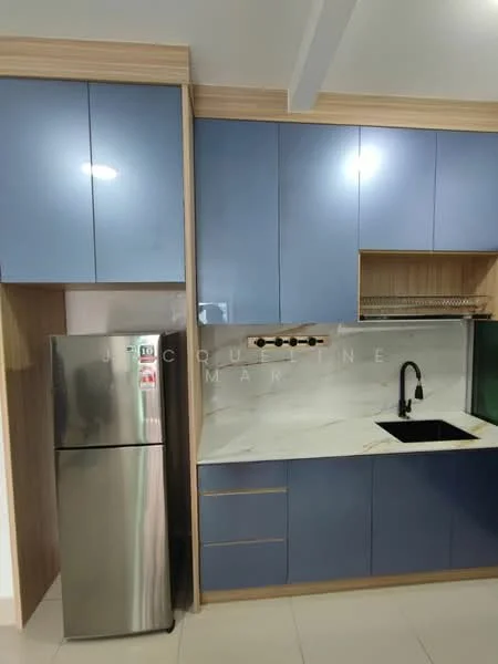 Kitchen features: blue cabinetry, wooden accents, marble countertop, single-bowl stainless-steel sink, chrome pull-down faucet, stainless-steel fridge, built-in shelving, tile backsplash, ceramic tile flooring, recessed downlights; style: modern.