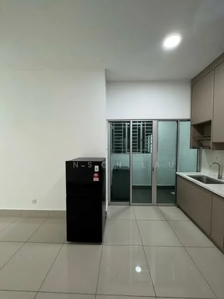 Kitchen features: white painted walls, glossy tile flooring, stainless-steel sink, single-bowl stainless-steel sink, chrome pull-down faucet, built-in cabinetry in light grey, countertop with white surface, black fridge, sliding glass door, window with metal grille, recessed downlights; style: modern.