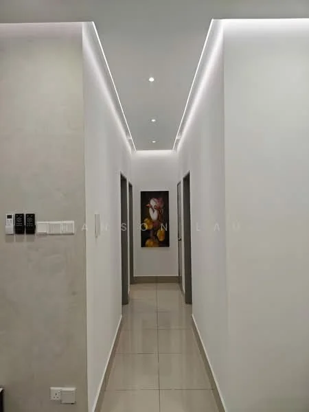 Hallway features: white painted walls, recessed LED downlights, glossy tile flooring, neutral color scheme, decorative artwork on wall, door frames in grey, smooth ceiling, no visible windows; style: modern.
