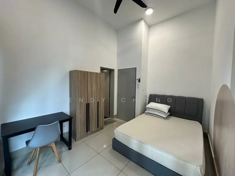 Bedroom features: queen-size bed, upholstered headboard, wooden wardrobe, study desk, chair, ceiling fan, white painted walls, tile flooring, window with natural light, light fixture; style: modern.