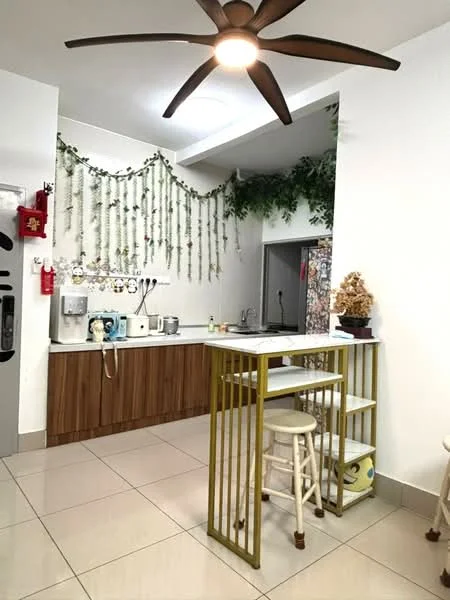 Kitchen features: wood cabinetry, white countertop, stainless-steel sink, chrome faucet, built-in stove, refrigerator, ceiling fan with light, tile flooring, decorative wall plants, open shelving, bar table with stools; style: modern.