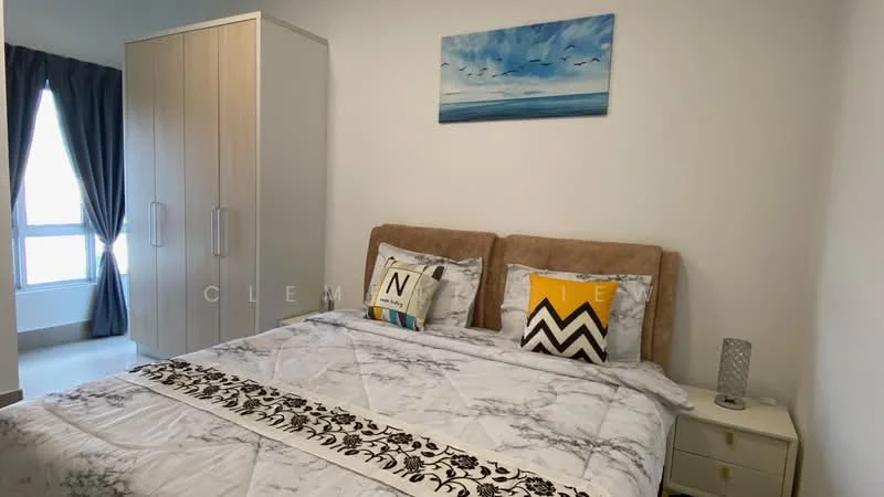 Bedroom features: king-size bed with upholstered headboard, marble-patterned bedding, two decorative pillows, nightstand with lamp, built-in wardrobe with sliding doors, framed artwork on wall, floor-to-ceiling window with sheer curtains, light-colored walls, laminate flooring; style: modern.