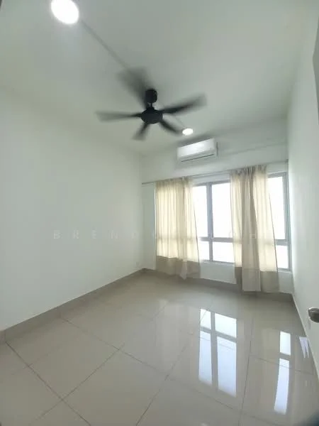 Room features: white painted walls, glossy tile flooring, 5-blade ceiling fan, wall-mounted split AC, floor-to-ceiling windows, sheer curtains, natural light, neutral color scheme; style: modern.