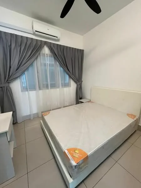 Bedroom features: queen-size bed, upholstered headboard, grey curtains, sheer curtains, 1 wall-mounted split AC, tile flooring, white painted walls, nightstand, light-colored bedding; style: modern.