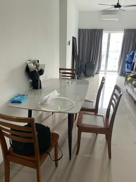 Dining features: glass dining table, 4 wooden dining chairs, white walls, grey curtains, floor-to-ceiling windows, polished tile flooring, ceiling fan, decorative wall art, black handbag on chair; style: modern. Living features: sofa, throw pillows, blankets, TV stand, entertainment unit; style: modern.