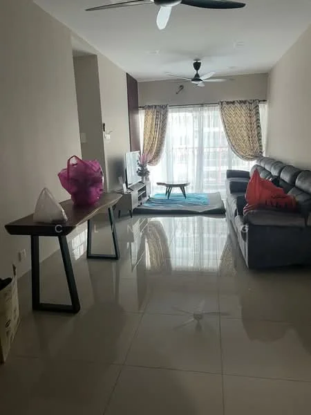 Living features: grey leather sectional sofa, coffee table, TV console, wall-mounted TV, area rug, floor-to-ceiling windows, sheer curtains, ceiling fan with light, polished tile flooring, decorative wall art, wooden console table, decorative plants; style: modern.
