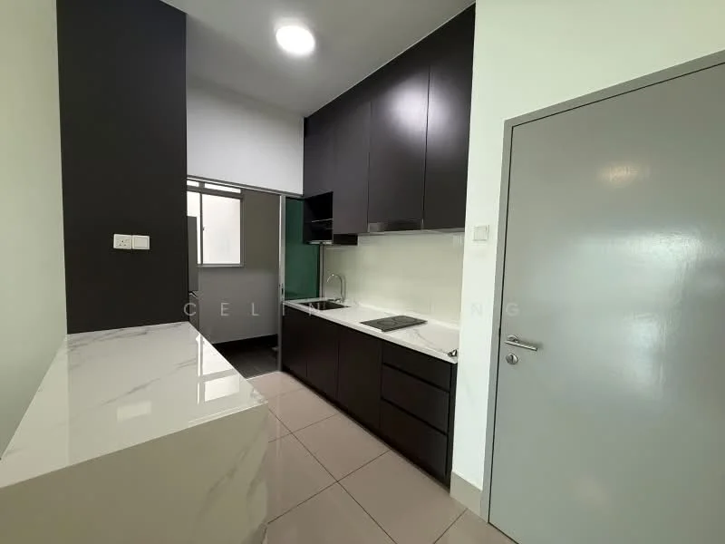 Kitchen features: black cabinetry, white marble countertop, stainless-steel sink, chrome pull-down faucet, built-in stove, tile backsplash, grey tiled flooring, recessed downlights, window for natural light; style: modern.