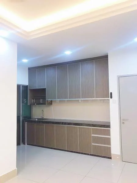 Kitchen features: laminate cabinetry in wood finish, black granite countertop, single-bowl stainless-steel sink, chrome pull-down faucet, built-in oven, ceramic tile flooring, recessed downlights, white painted walls, sliding glass door, open shelving, kitchen island; style: modern.
