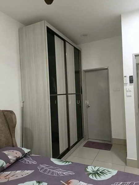 Bedroom features: queen-size bed with upholstered headboard, decorative bedding with leaf pattern, built-in wardrobe with sliding doors, white painted walls, tile flooring, ceiling fan, door leading to bathroom, wall-mounted intercom panel; style: modern.