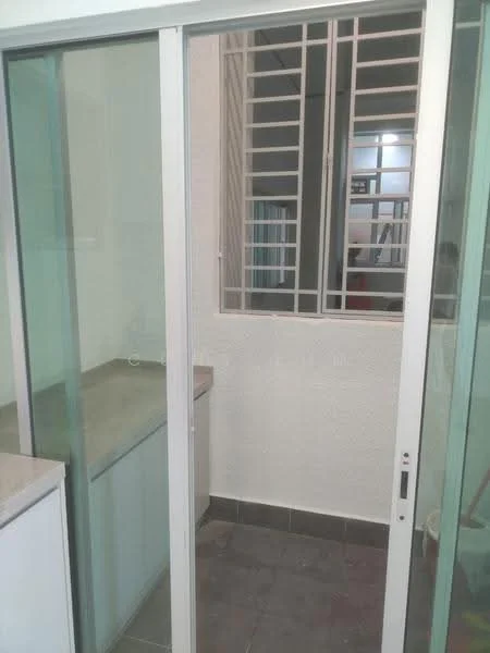 Room features: glass sliding door, grey tiled flooring, white walls, countertop with sink, window with metal grille, built-in cabinetry, natural light from window; style: modern.