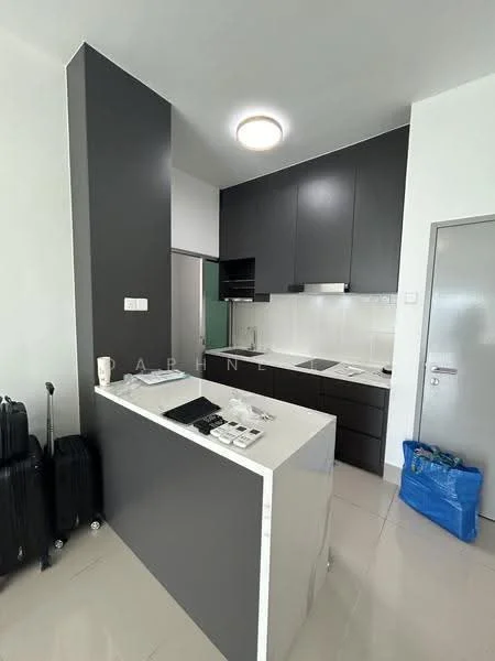 Kitchen features: black cabinetry, white marble countertop, stainless-steel sink, chrome pull-down faucet, built-in oven, ceramic cooktop, refrigerator, tile backsplash, pendant light, open shelving, grey walls, glossy floor tiles; style: modern. Room features: luggage, door, white walls, light fixture.