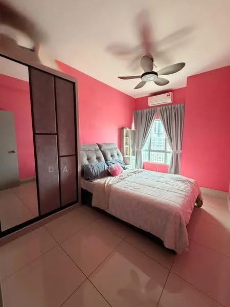 Bedroom features: pink painted walls, ceiling fan with light, queen-size bed with upholstered headboard, bedside pillows, floor-to-ceiling window, curtains, built-in wardrobe with sliding doors, tile flooring; style: modern; view: city.