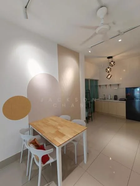 Dining features: white walls, light grey accent wall, dining table with wooden top, 4 white plastic dining chairs, pendant lighting with multiple bulbs, refrigerator, kitchen cabinetry, ceramic tile flooring, ceiling fan with light, recessed downlights; style: modern.