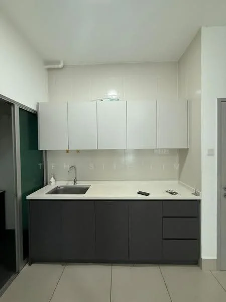 Kitchen features: single-bowl stainless-steel sink, chrome pull-down faucet, white laminate countertop, grey lower cabinets, white upper cabinets, tile backsplash, built-in kitchen appliances, wall-mounted cabinets, ceramic tile flooring, recessed lighting; style: modern.