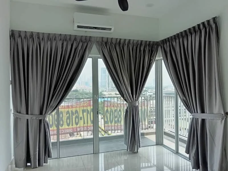 Room features: floor-to-ceiling windows, sliding glass door, grey curtains, white walls, glossy tile flooring, wall-mounted split AC, balcony view, natural light; style: modern; view: city.